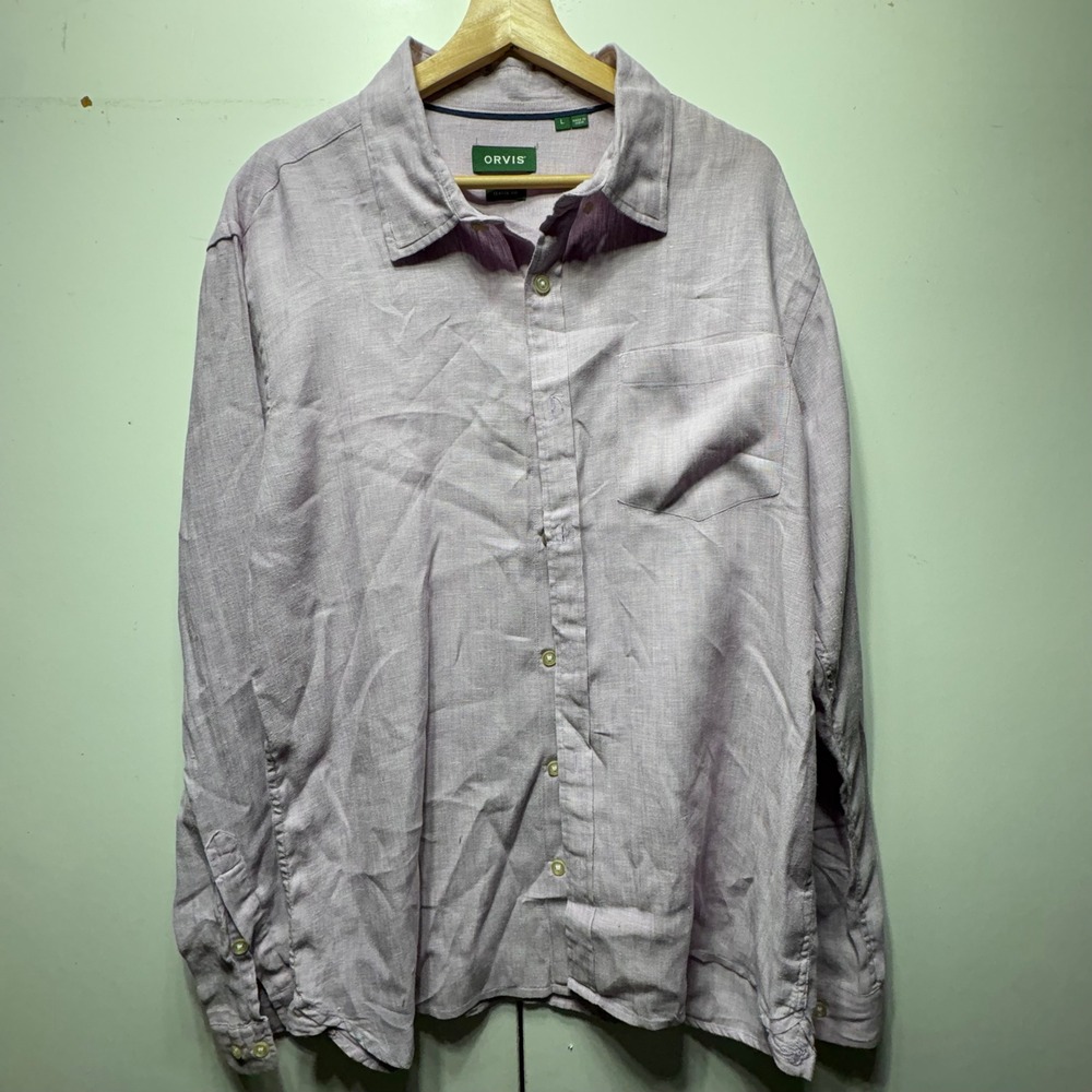 Orvis Classic Fit Shirt Mens Large Purple Linen Blend Long Sleeve Button Down